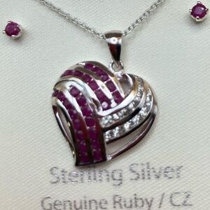 Sterling Silver & Ruby Necklace & Earring Set